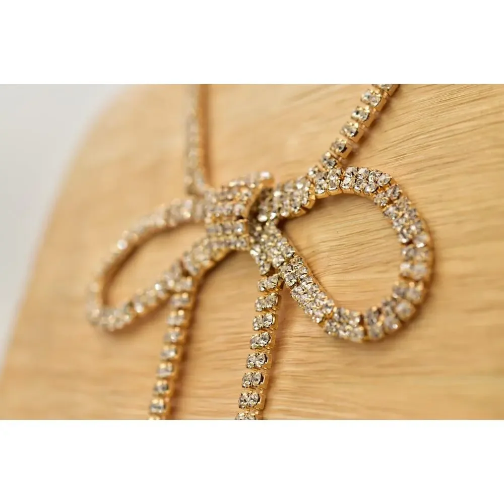 Vintage Statement Bow Tie Collar Necklace Chain Rhinestone Gold Tone Y2K BinBJ